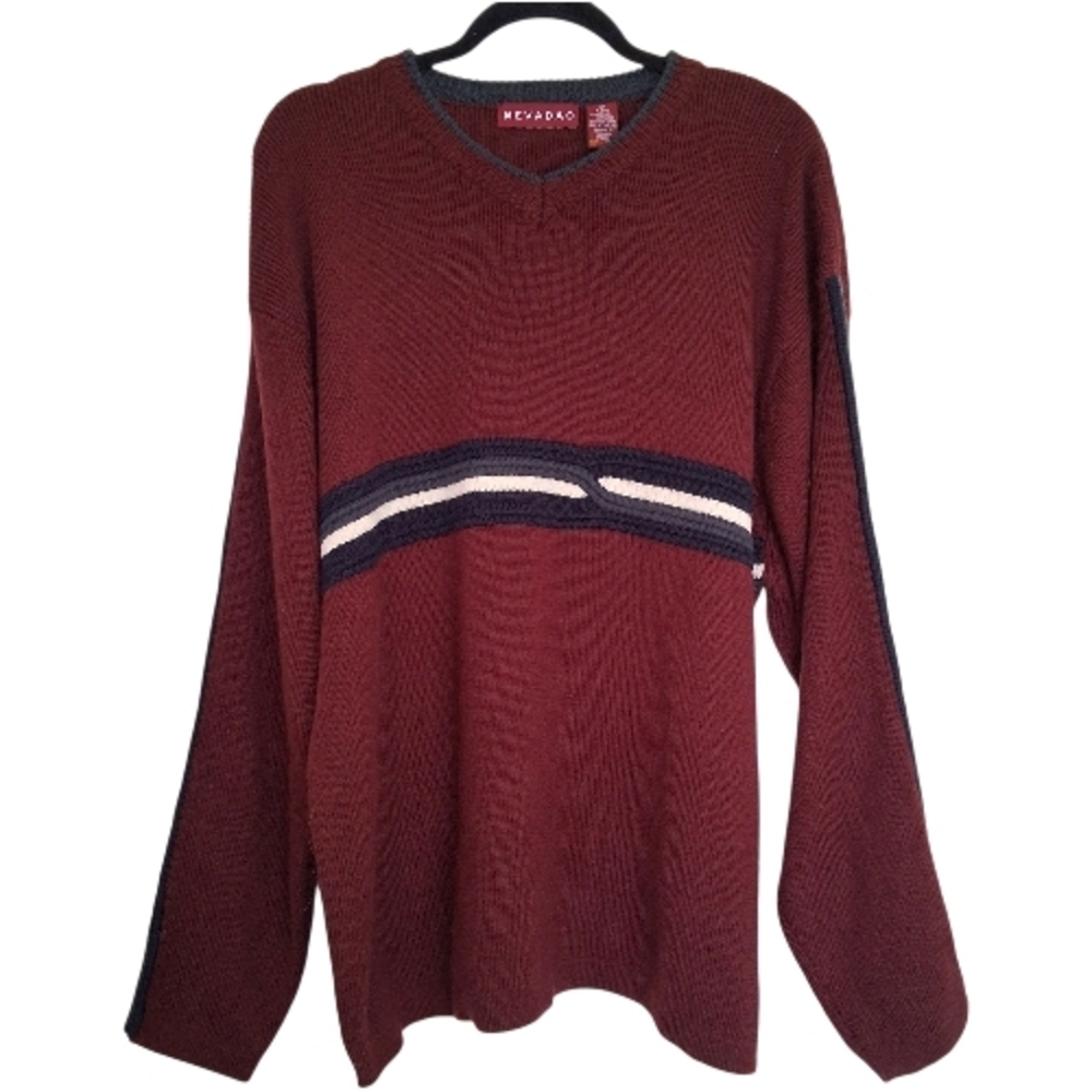​Nevada Vintage Burgundy V-Neck Wool Blend Striped Sweater Size Large